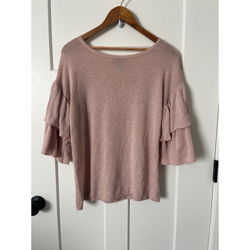 ana A New Approach Pink Metallic Shimmer Tiered Ruffle Sleeve Knit Top Medium